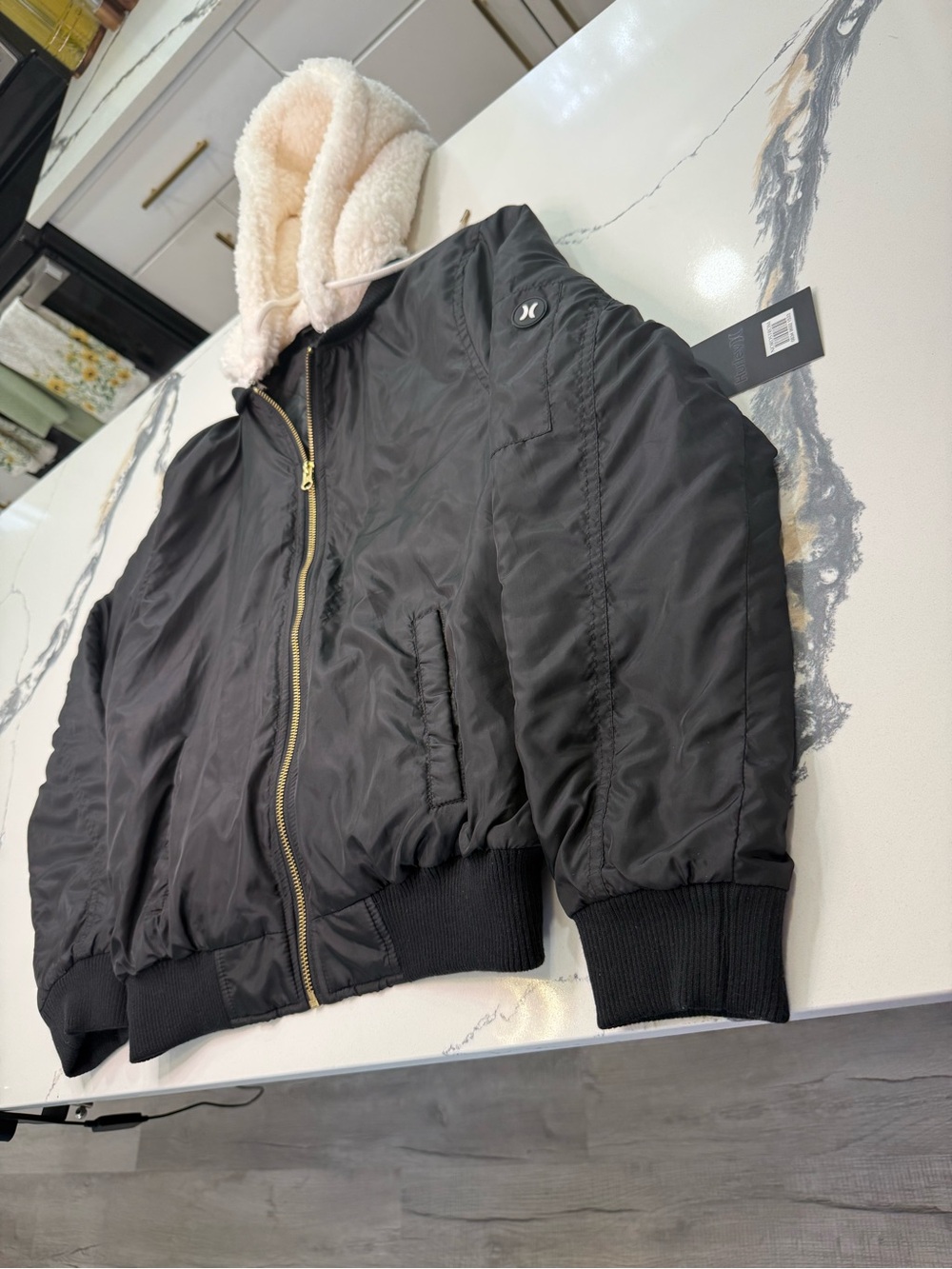 Hurley Womens Babo Trim Bomber Jacket Black Size M Removable Sherpa Hood NWT